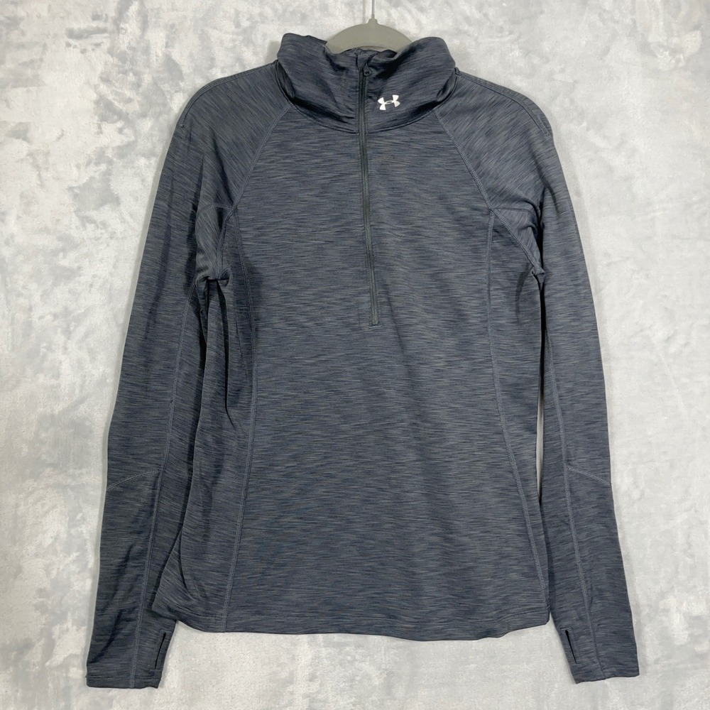 Under Armour Womens Quarter Zip Pullover L Gray ColdGear Thumbhole Athleisure